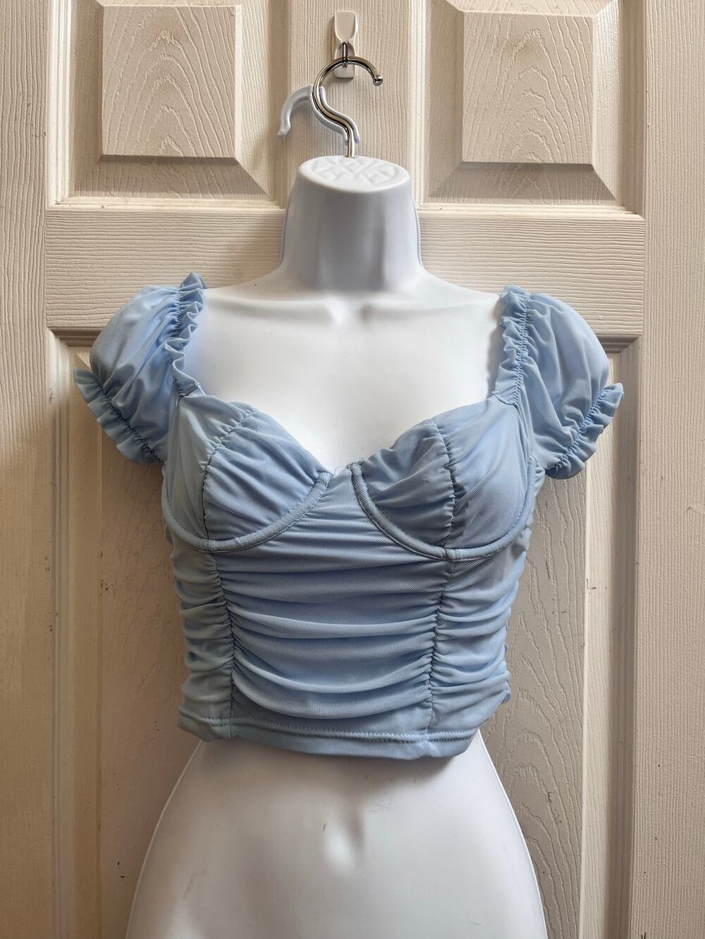 Soft Girl Cottagecore Baby Blue Mesh Sweetheart Neckline Corset Crop Top Small